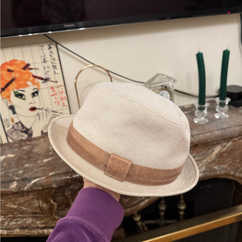 Hermes Women Linen Cotton Blend With Leather Strap Fedora Hat